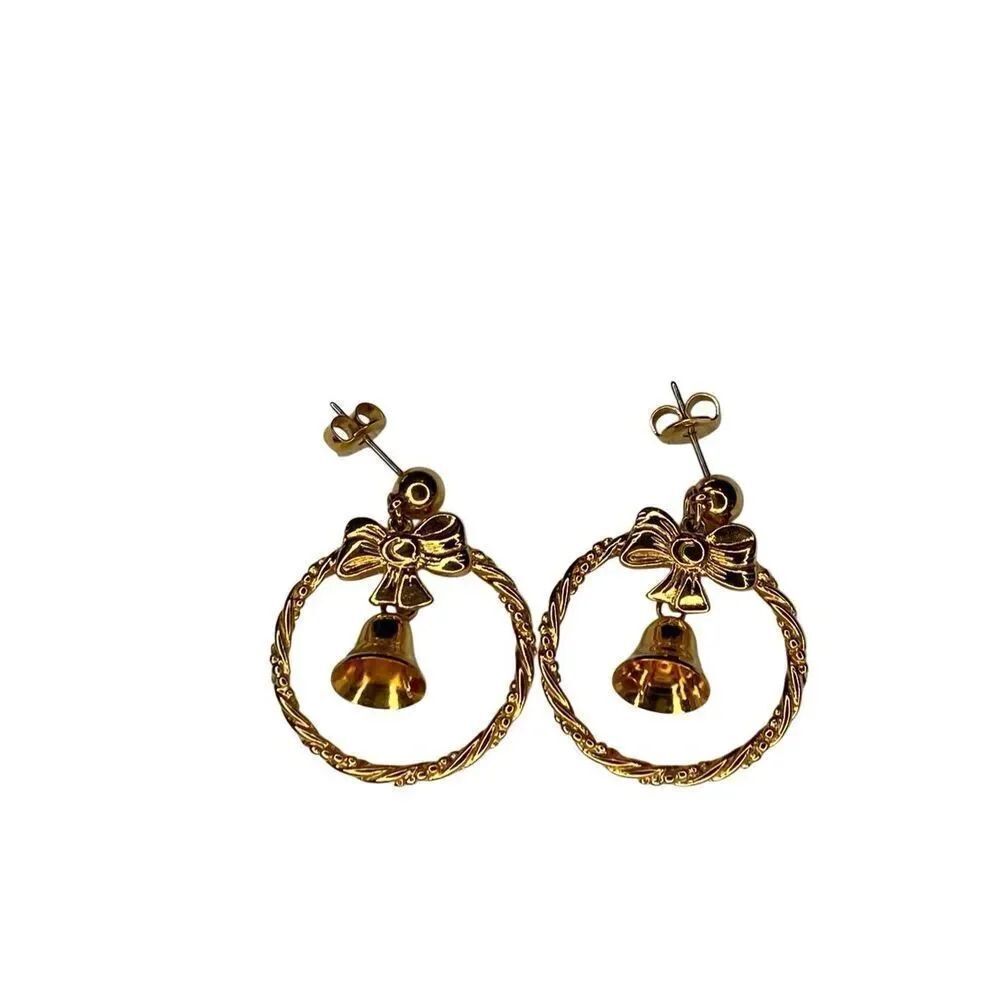 Vintage Gold Tone Bow Bell Hoop Earrings Holiday Dangle Drop Festive Jewelry